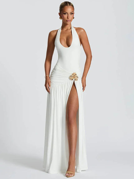 Maxi Dress Set Sexy Elegant Backless Halter Neck Bodysuit Slit Long Skirt