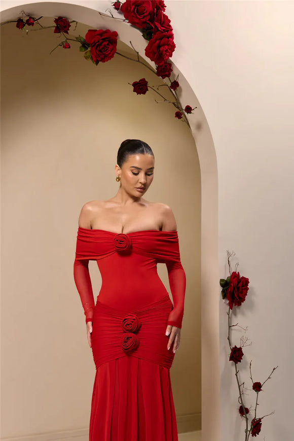 Robe longue sexy épaules dénudées sans bretelles manches longues dos nu