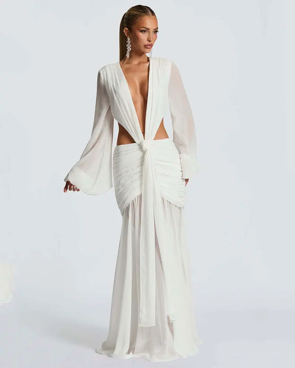 Robe Maxi Élégante Pour Femme Manches Longues Col V Profond Dos Nu.