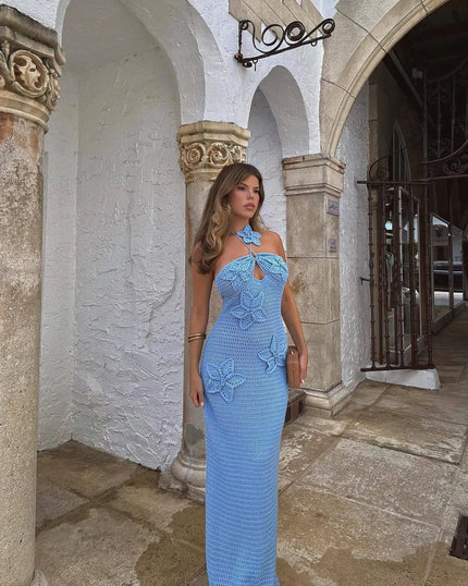 Comprar azul Elegante vestido largo floral con cuello halter sexy calado sin mangas