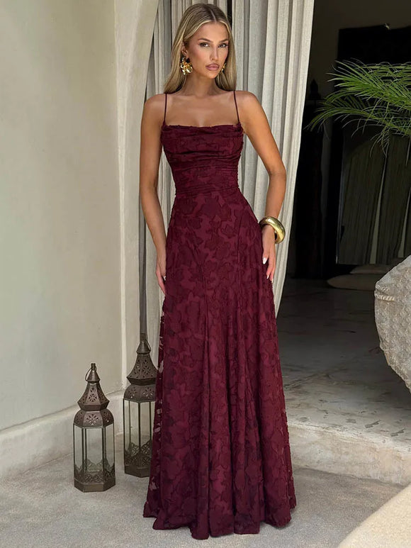 Elegante vestido largo de gasa con patchwork y tirantes finos sin espalda 