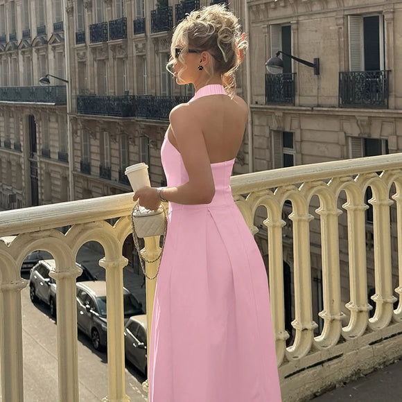 Women's Sexy Midi Dress Halter Backless Solid Sleeveless A-Line