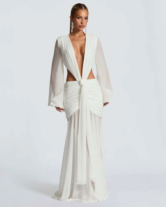 Maxi Dress Elegant For Women Long Sleeves Deep V-Neck Backless.