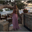 Robe longue sexy rose élégante à volants dos nu épaules dénudées-8