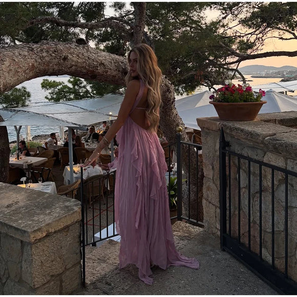 Robe longue sexy rose élégante à volants dos nu épaules dénudées