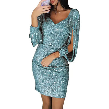 Women's Sexy Mini Dress Silver Sequin V Neck Long Sleeve Slim Fit