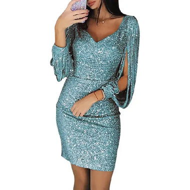 Women's Sexy Mini Dress Silver Sequin V Neck Long Sleeve Slim Fit