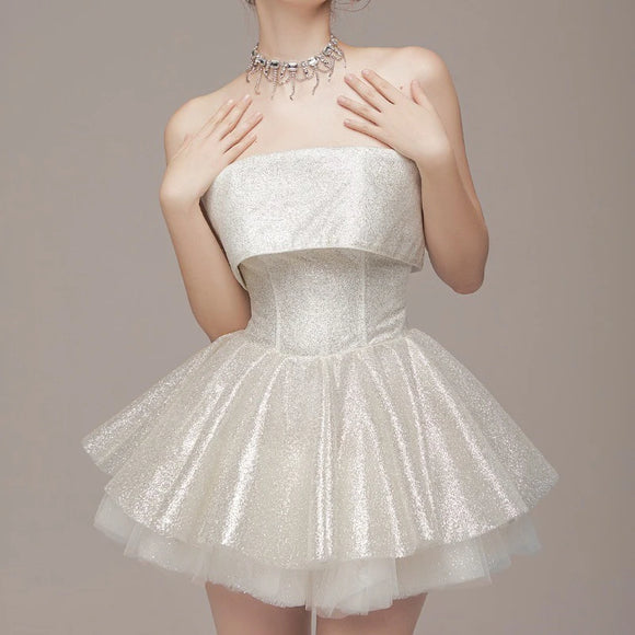 Women's Sexy Mini Dress Elegant Sequin Ruffle Strapless A-Line Party