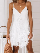 Sexy Dress Bohemian Sleeveless White Elegant Lace A-Line for Women 