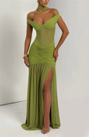 Women's Sexy Dress Elegant Long Deep V Neck Backless Ruched Gown-15