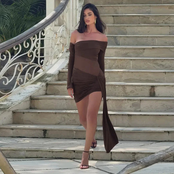 Women's Sexy Mini Dress Elegant Off Shoulder Sheer Backless Ruched