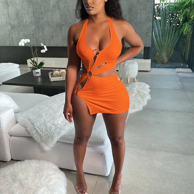 Women's Sexy Mini Dress Elegant Bodycon Stretchy Halter Neck
