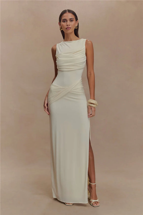 Women's Sexy Long Dress Elegant Ruched Backless Bodycon with High Slit