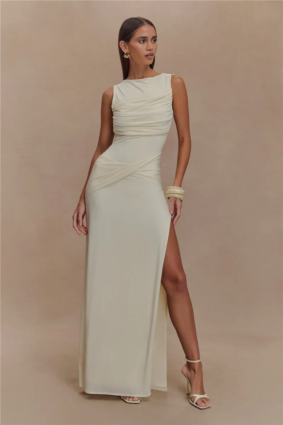 Women's Sexy Long Dress Elegant Ruched Backless Bodycon with High Slit
