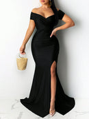 Women's Sexy Long Dress High Slit Evening with Sleeves Elegant Mermaid