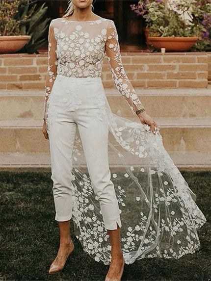 Women's Wedding Jumpsuit Elegant Lace Two Piece High Waist Long Sleeve