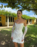 Bianca Custom Made Short Civil Wedding Dress Sheath Lace with Detachable Long Sleeves