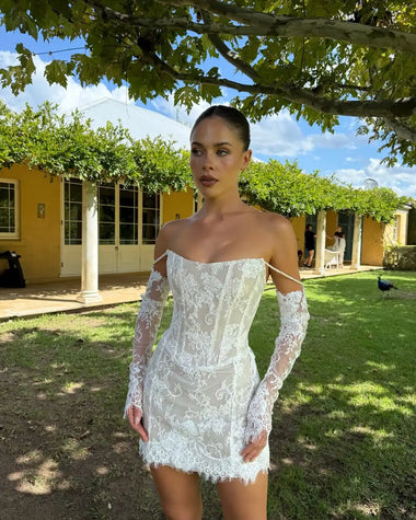 Bianca Custom Made Short Civil Wedding Dress Sheath Lace with Detachable Long Sleeves