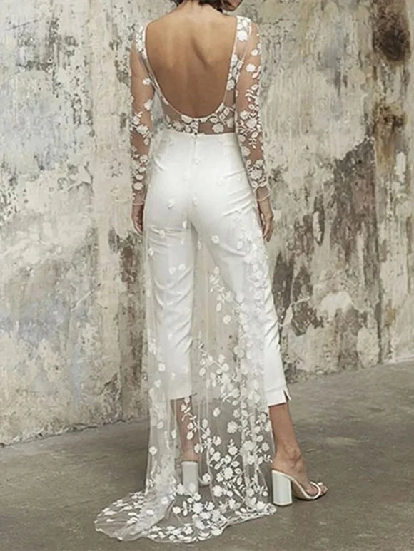 Women's Wedding Jumpsuit Elegant Lace Two Piece High Waist Long Sleeve