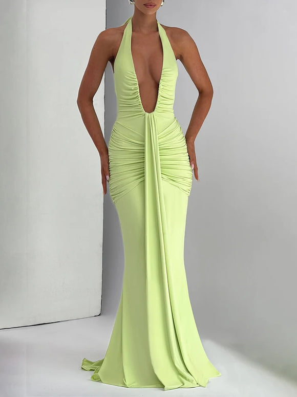 Sexy Maxi Dress Deep V-Neck Ruched Backless Elegant for Women