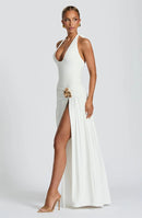 Conjunto de vestido largo sexy elegante sin espalda cuello halter falda larga con abertura-26