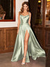 Women's Sexy Long Dress Spaghetti Strap Elegant Satin with Leg Slit