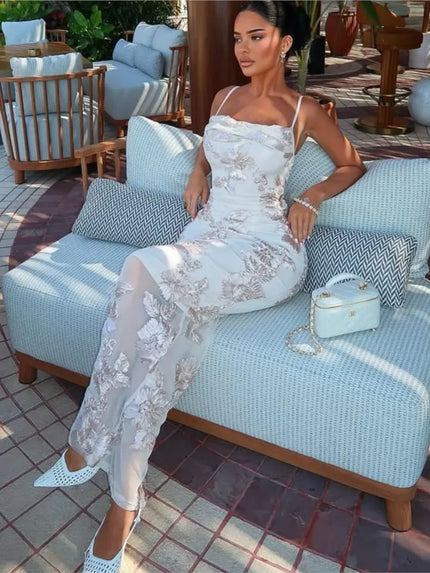 Elegant Long Dress for Women Straps Mesh Embroidered Flowers Evening