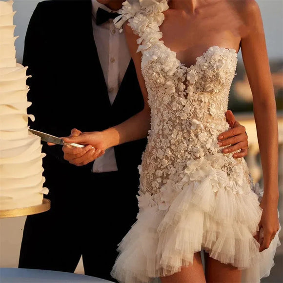 Aveline Custom Made Short Wedding Dress Floral Beaded One-Shoulder