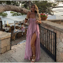 Robe longue sexy rose élégante à volants dos nu épaules dénudées-9