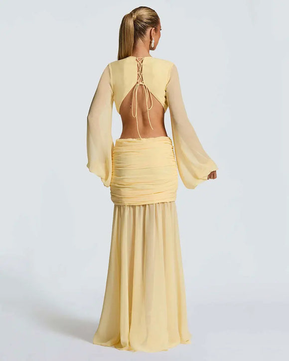 Robe Maxi Élégante Pour Femme Manches Longues Col V Profond Dos Nu.