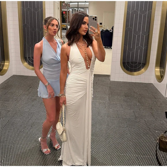 Robe longue sexy pour femme élégante décolleté en V profond froncée dos nu