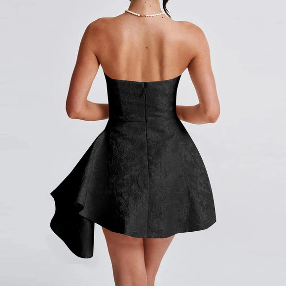 Women's Sexy Short Prom Dress Jacquard Backless Strapless Satin