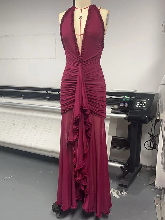 Women's Sexy Long Dress Deep V Neck Backless Elegant Party Gown