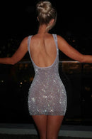 Women's Sexy Mini Dress Sequin Straps Backless Elegant Solid Color
