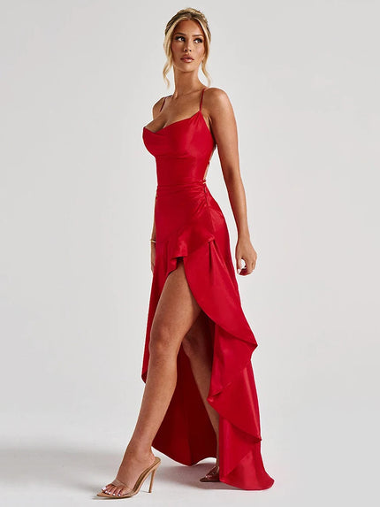 Articat Elegant Sexy Long Dress Satin Women Spaghetti Straps Backless Slit