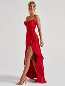 Elegant Sexy Maxi Dress Satin Women Spaghetti Straps Backless Slit