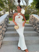 Elegant Floral Knit Halter Long Dress Sexy Hollow Out Sleeveless