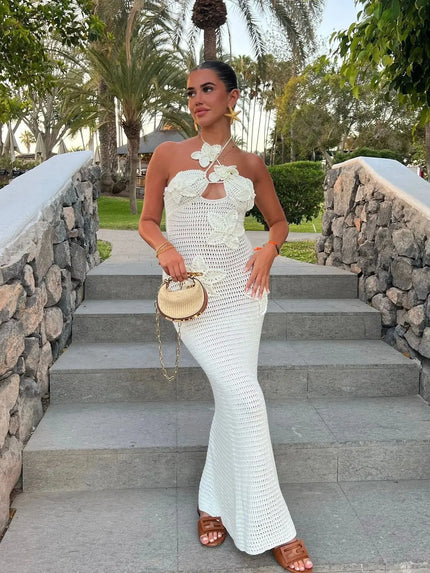 Elegant Floral Knit Halter Long Dress Sexy Hollow Out Sleeveless