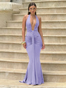 Women's Sexy Maxi Dress Elegant Deep V-Neck Ruched Backless