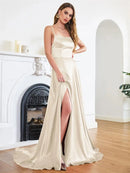 Women's Sexy Long Dress Spaghetti Strap Elegant Satin with Leg Slit-26