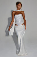 Women's Sexy Dress Sequin Set Crop Top Long Satin Skirt Elegant