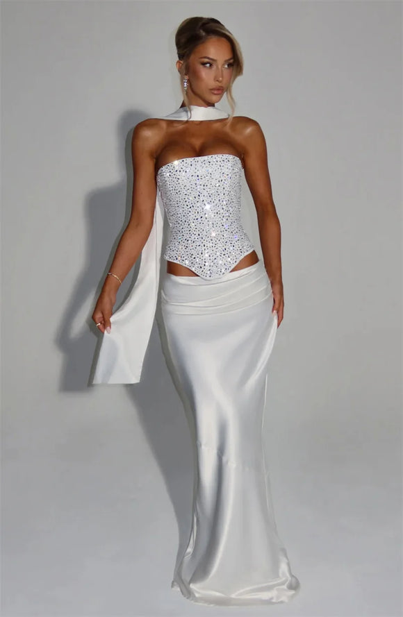 Women's Sexy Dress Sequin Set Crop Top Long Satin Skirt Elegant