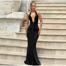 Robe longue sexy pour femme élégante décolleté en V profond froncée dos nu-10