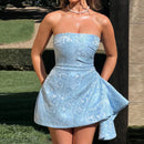 Women's Sexy Short Prom Dress Jacquard Backless Strapless Satin