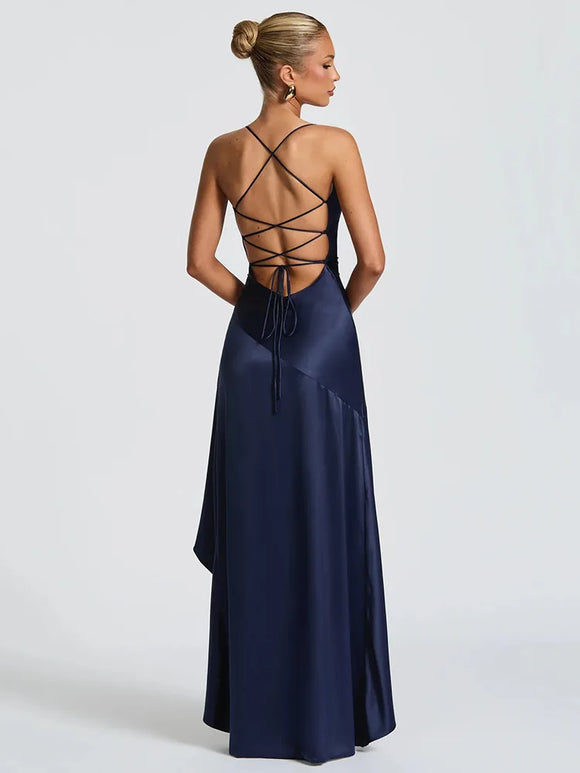 Articat Elegant Sexy Long Dress Satin Women Spaghetti Straps Backless Slit