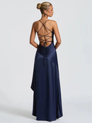 Elegant Sexy Maxi Dress Satin Women Spaghetti Straps Backless Slit
