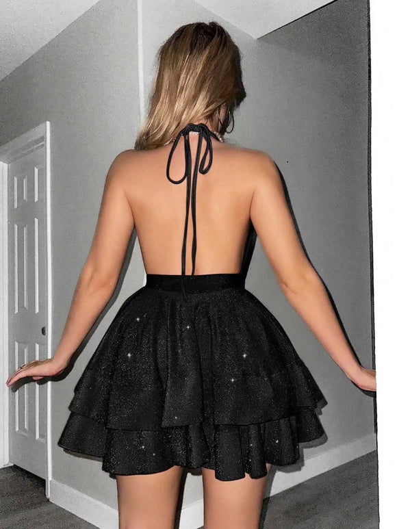 Women's Sexy Dress Deep V Neck Hot Pink Lace Up Backless Ruffles