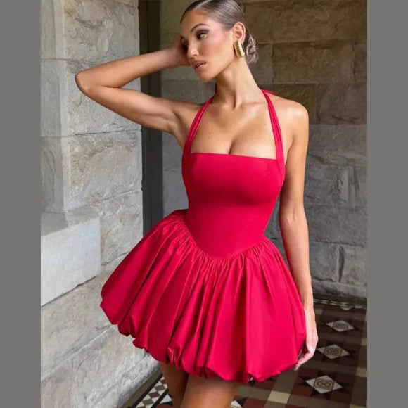 Women's Sexy Mini Dress Pleated Halter Lace Up Backless Puffed Skirt