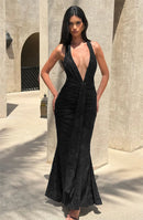 Women’s Dress Elegant Maxi Deep V Neck Backless Sleeveless Draped Ruched