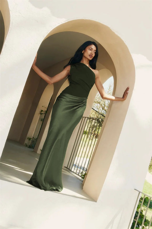 Women's Sexy Maxi Dress Elegant Satin One Shoulder Backless Bodycon